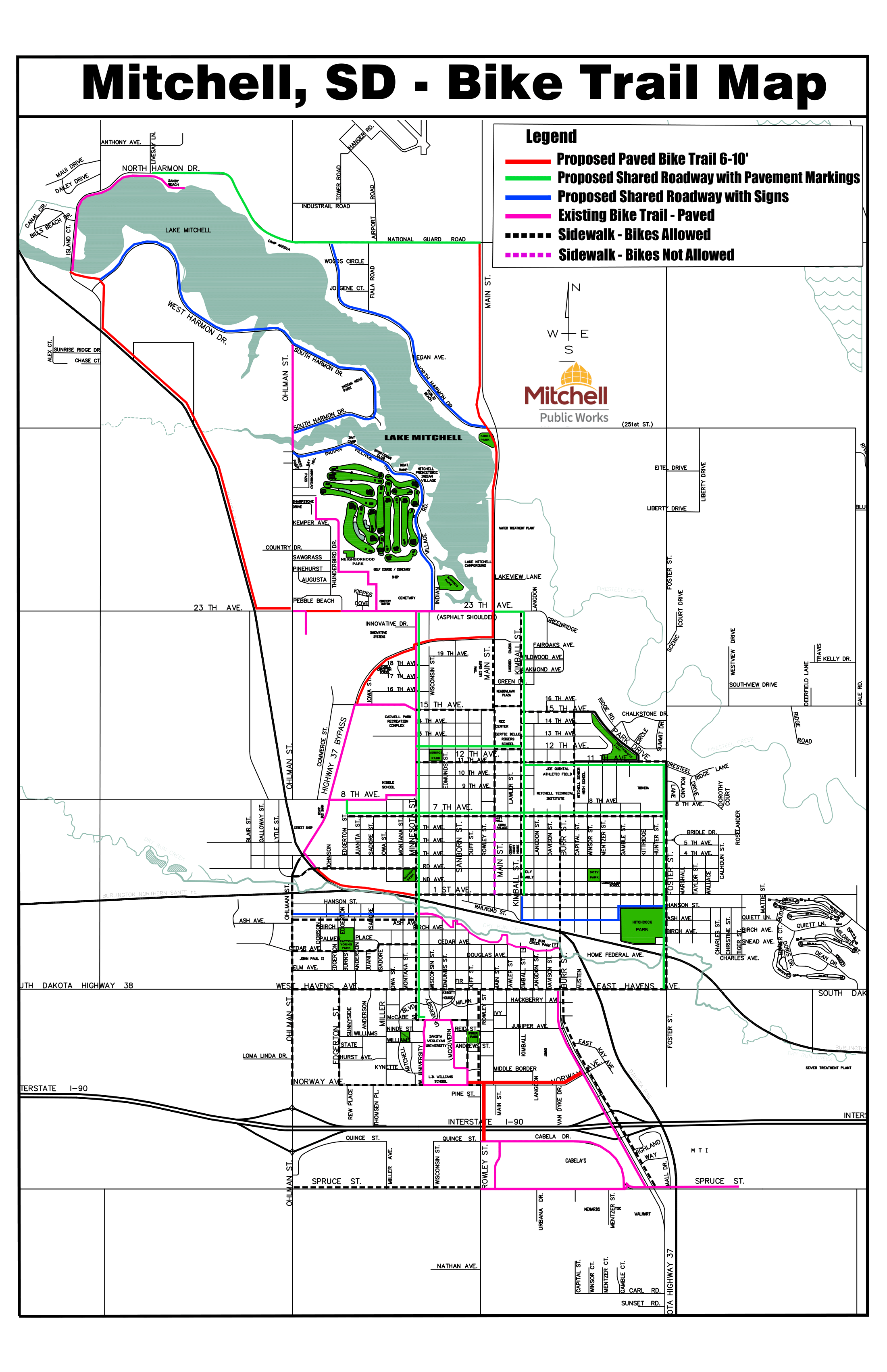City of Mitchell map showing locations of future bike trail, existing bike trail, and proposed shared roadways. www.cityofmitchell.org/447/Trails